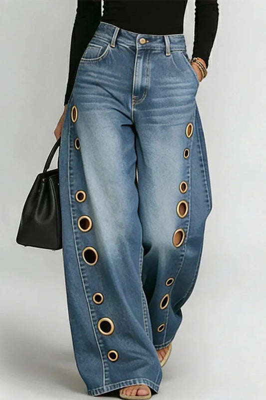 High-Street Edgy Eyelet Cut-Out Baggy Jeans