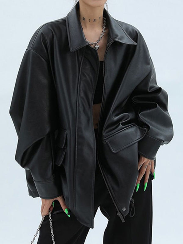 Vintage Lapel Neck Zip Up Motorcycle Leather Jacket