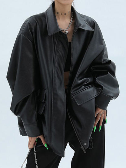 Vintage Lapel Neck Zip Up Motorcycle Leather Jacket