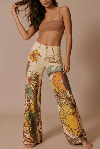 We The Free Denim Playful Doodle Printed Mid Rise Pocket Wide Leg Jeans
