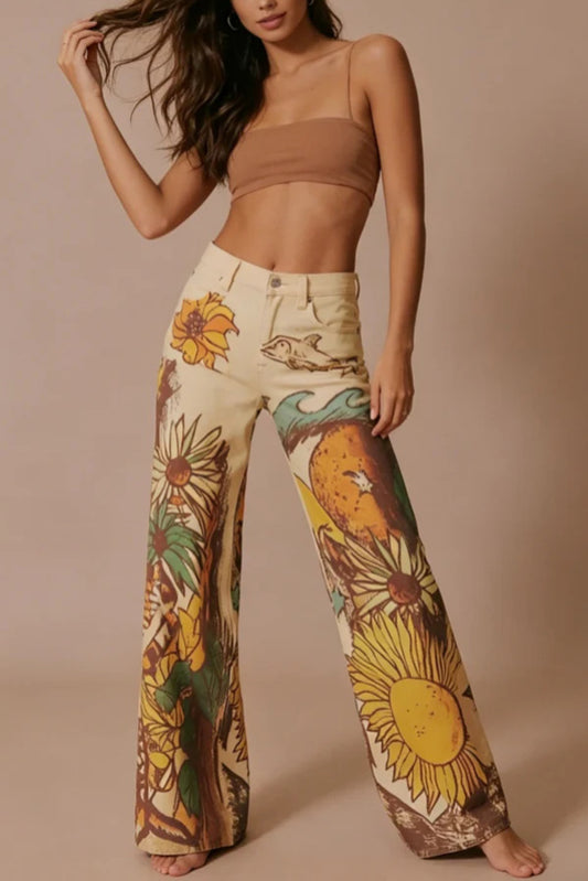 We The Free Denim Playful Doodle Printed Mid Rise Pocket Wide Leg Jeans