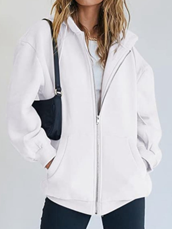 Solid Drawstring Zip Up Oversized Hoodie