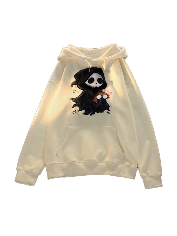 Fuzzy Cartoon Ghost Embroidered Oversized Hoodie