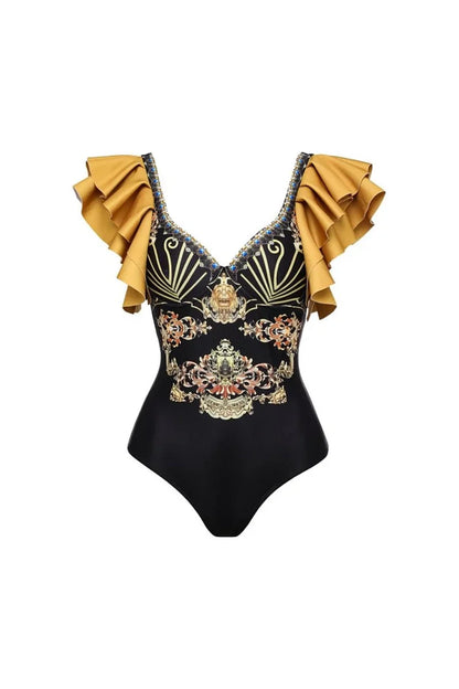 Conjunto de traje de baño con volantes en dorado y negro