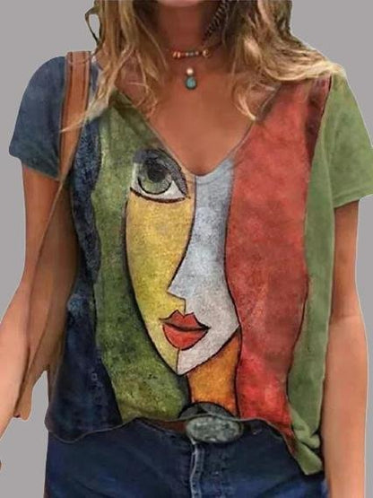 Abstract Character Print V-neck Short Sleeve T-Shirts for Women