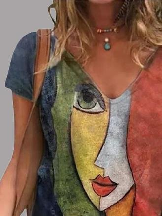 Abstract Character Print V-neck Short Sleeve T-Shirts for Women