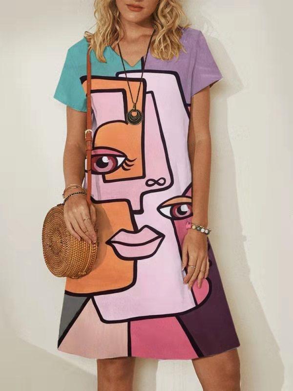 Abstract Painting Printed Mini Dresses for Women