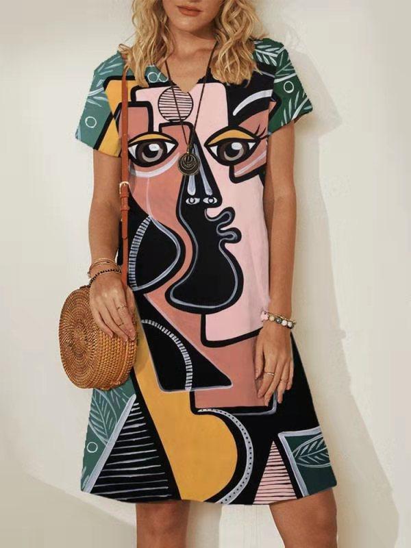 Abstract Painting Printed Mini Dresses for Women