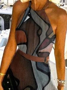 Abstract Pattern Printed Pleated Halterneck Dress for Women
