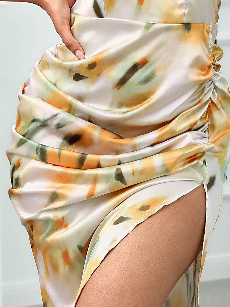 Abstract Print Spaghetti Strap High Slit Ruched Dress for Women