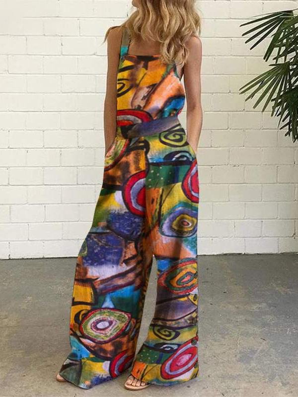 Abstract Printed Overalls Wide-leg Pants Jumpsuit for Women