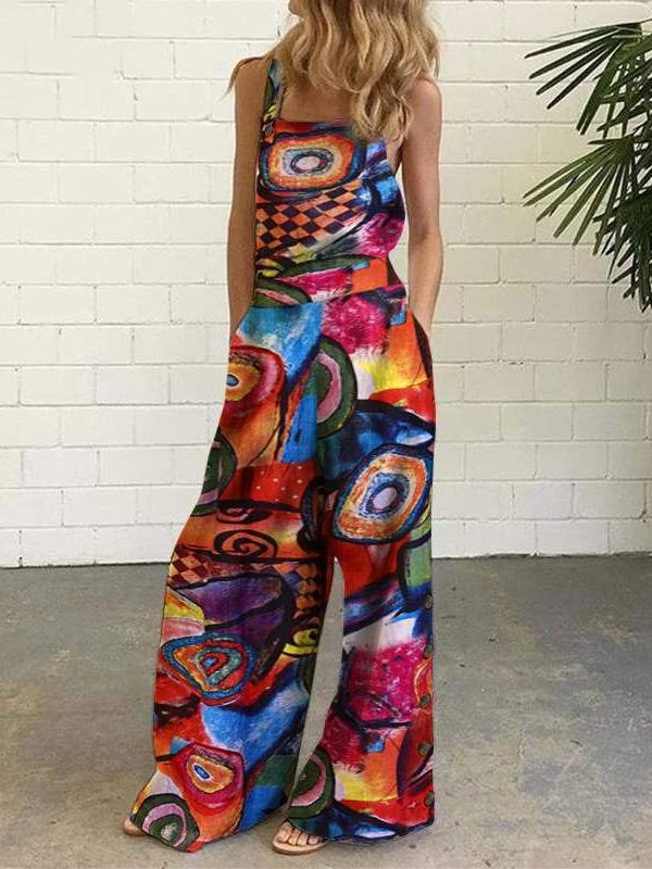 Abstract Printed Overalls Wide-leg Pants Jumpsuit for Women