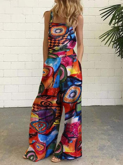Abstract Printed Overalls Wide-leg Pants Jumpsuit for Women
