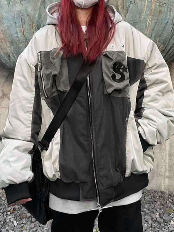 Embroidery Pocket Zipper Patchwork Design Bomber Jacket