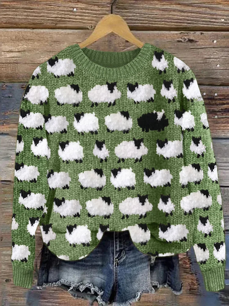 Suéter vintage de punto grueso con ovejas para mujer | Ideal para otoño/invierno