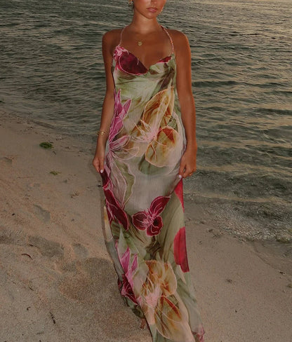 Bead Chain Split Swing Floral Dress