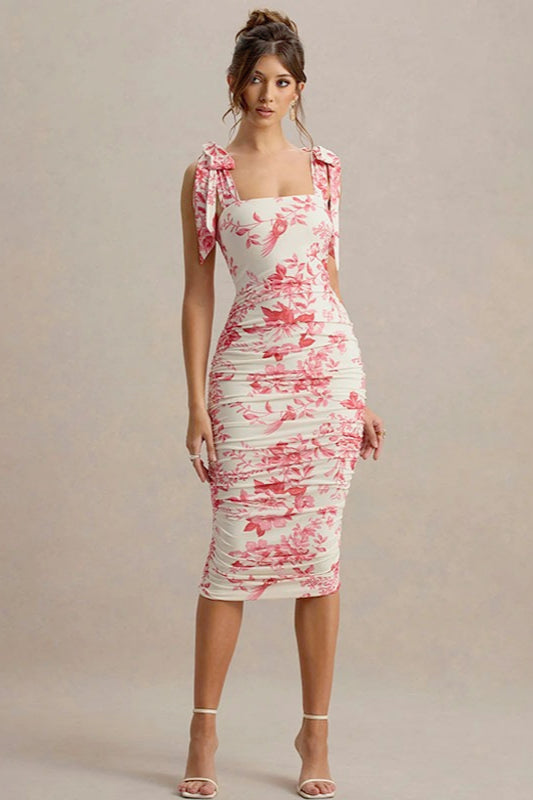 Sweet Floral Tie-Waist Bodycon Floral Dress