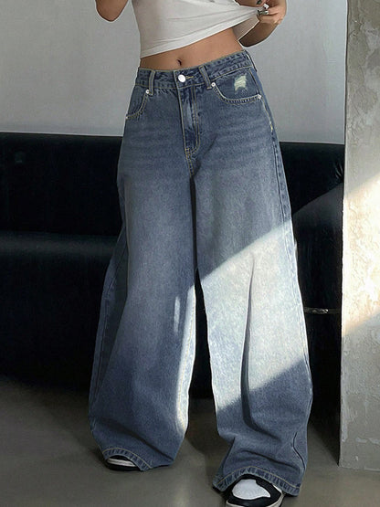 Washed Blue Wide Leg Mop Boyfriend Jeans