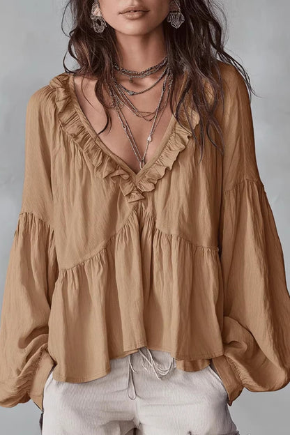 Solid Color V-neck Ruffled Puff Sleeve Loose Casual Top