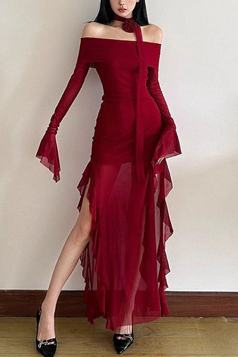 Off Shoulder Irregular Flare Sleeve Maxi Dress
