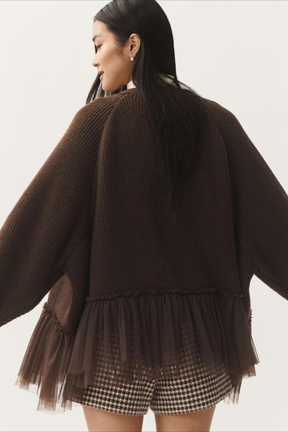Ruffled Tulle Knit Long-Sleeve Cardigan