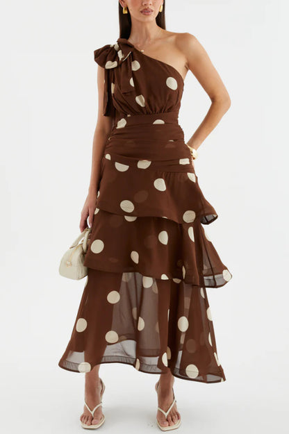 Fashionable Polka Dot Print One-shoulder Sleeveless Layered Mesh Maxi Dress