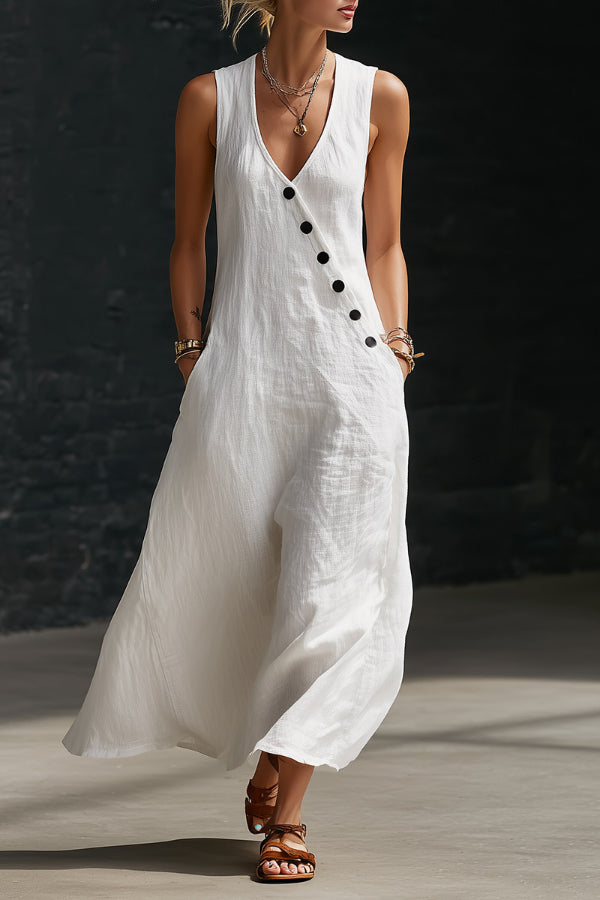 Linen Blend Solid Color V-neck Sleeveless Button-down Casual Pocket Midi Dress