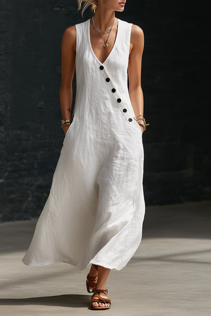 Linen Blend Solid Color V-neck Sleeveless Button-down Casual Pocket Midi Dress