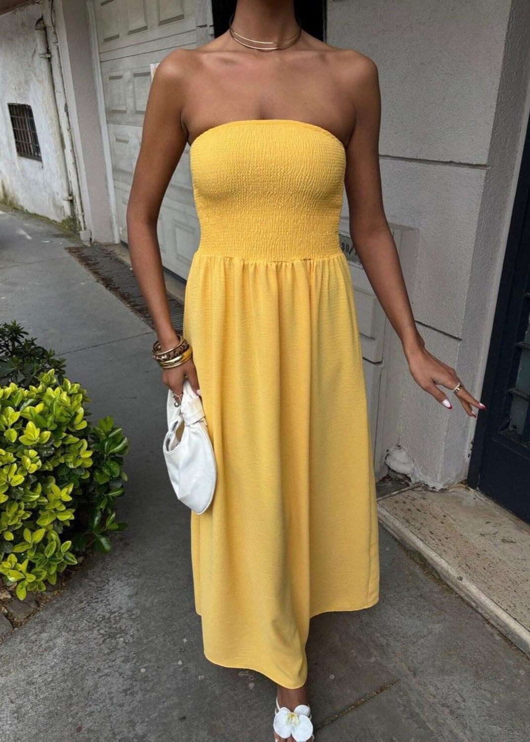 Lemon Daylight – Strapless Smocked Maxi Dress
