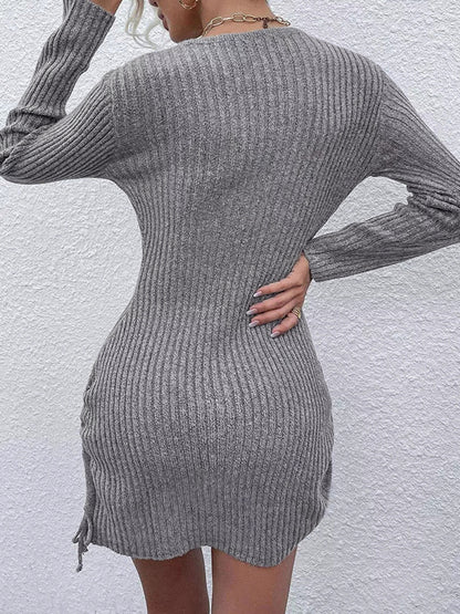 Solid U Neck Lace Up Mini Dress