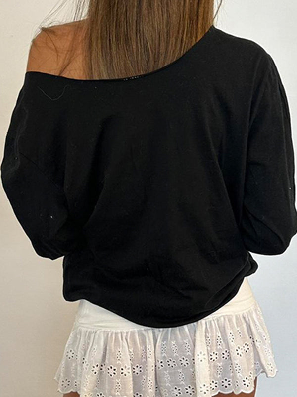 Retro Letter Print Oversized Long Sleeve Tee