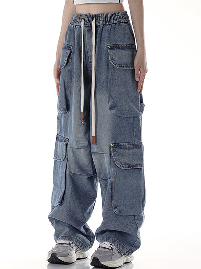 Loose versatile drawstring straight Cargo Jeans