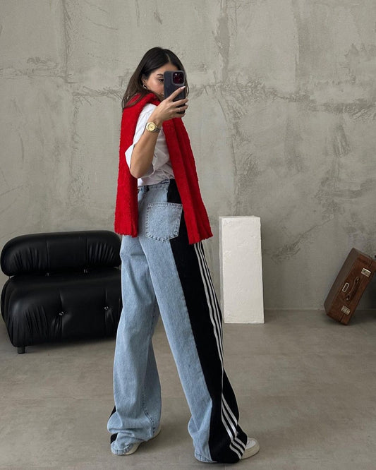 High Waisted Straight Pants Casual Pants Striped Patchwork Jeans