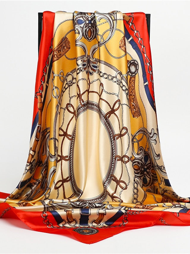 1pcs 90*90cm Fashion Chain Print Scarves Women Shawl Satin Hijab Female Bandana Square Ladies Foulard Wrap Pareo Headcloth for Women