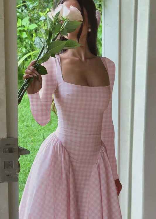 Pink Gingham Long Sleeve Midi Dress – Vintage Square Neck Fit and Flare