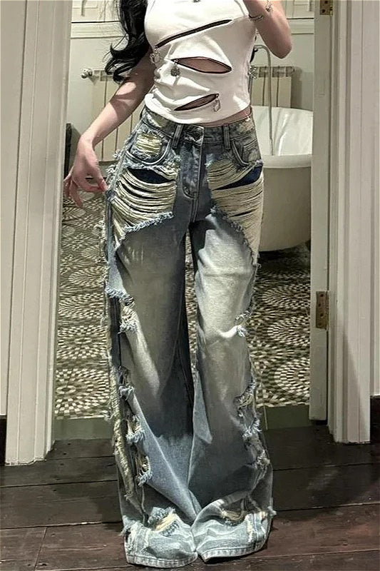 Light Blue Ripped High Waist Wide Leg Denim Jeans
