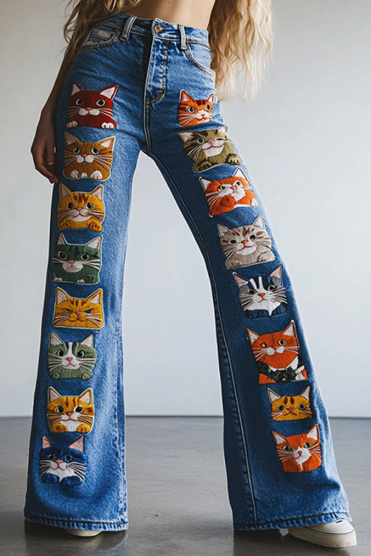Unique Printed High-waisted Pocket Casual Flared Jeans