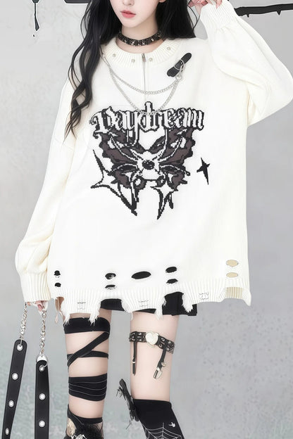 Gothic Y2K Subculture Rivet Print Ripped Loose Knit Sweater
