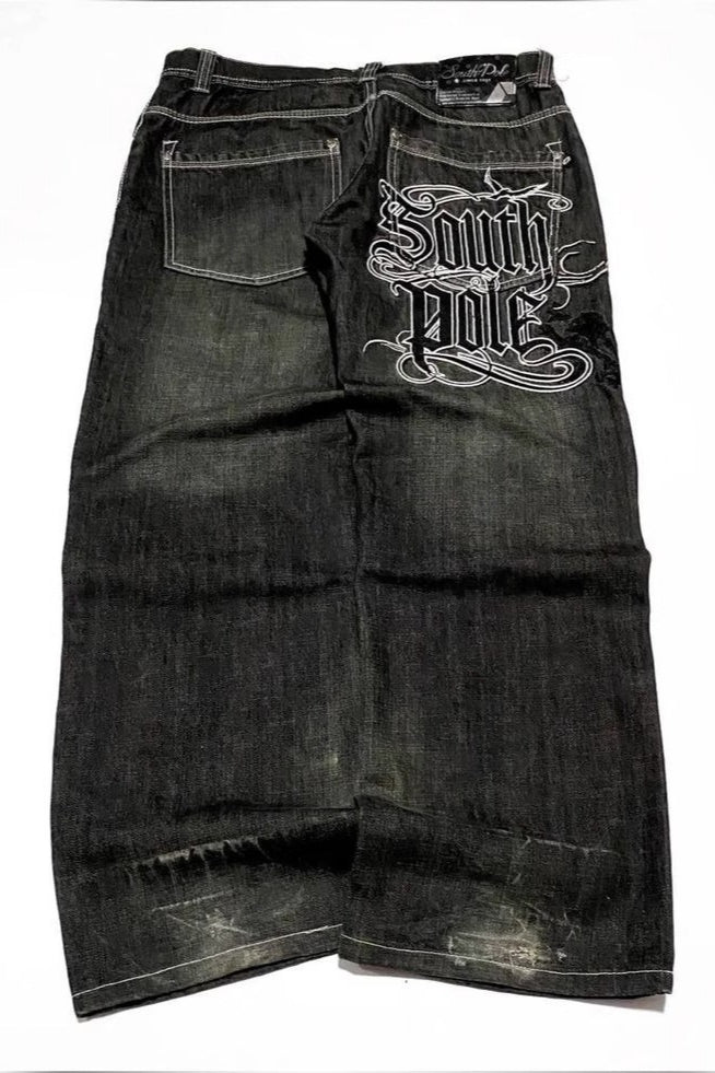 Black Gray Graphic Print Wide Leg Pants