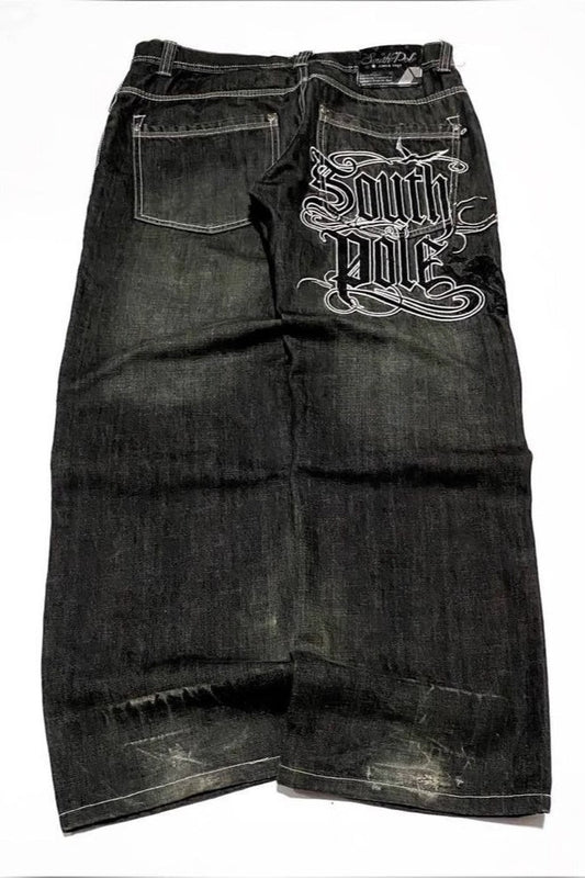Black Gray Graphic Print Wide Leg Pants