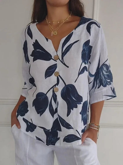 Camisa elegante con cuello en V y estampado floral | Ideal para el verano
