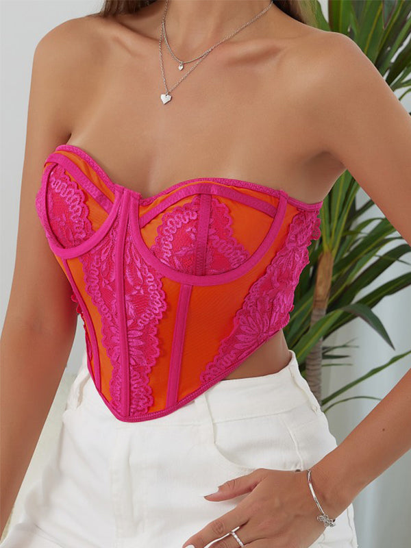 Color Block Lace Splice Bandeau Corset Top