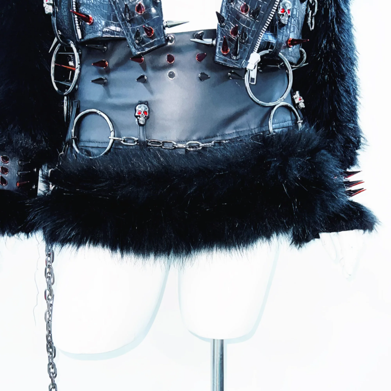 Long sleeve fluffy o ring zip-up rivet applique top  | Festival Outfits Women