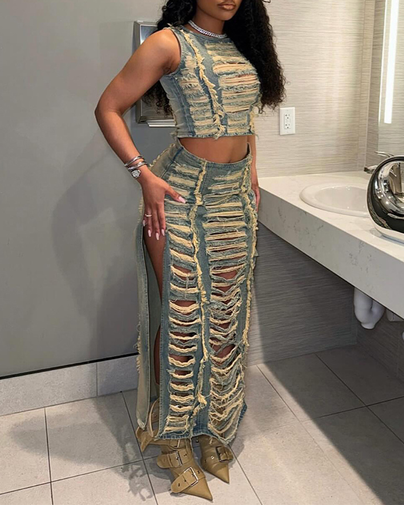 Denim Ripped Skirt Suit