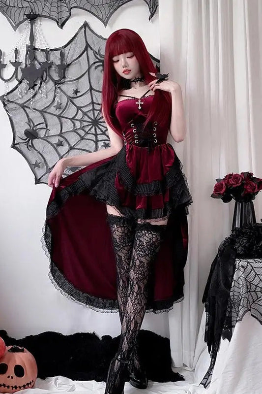 Dovetail Lace Halter Dark Gothic Midi Dress