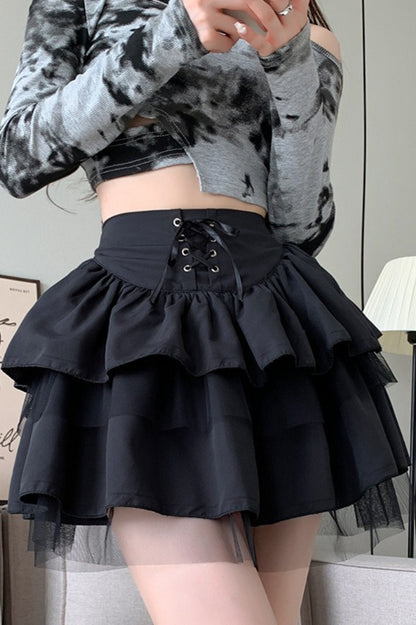 Gothic Lolita Y2K Mesh Patchwork Tie-Waist Tiered Mini Skirt