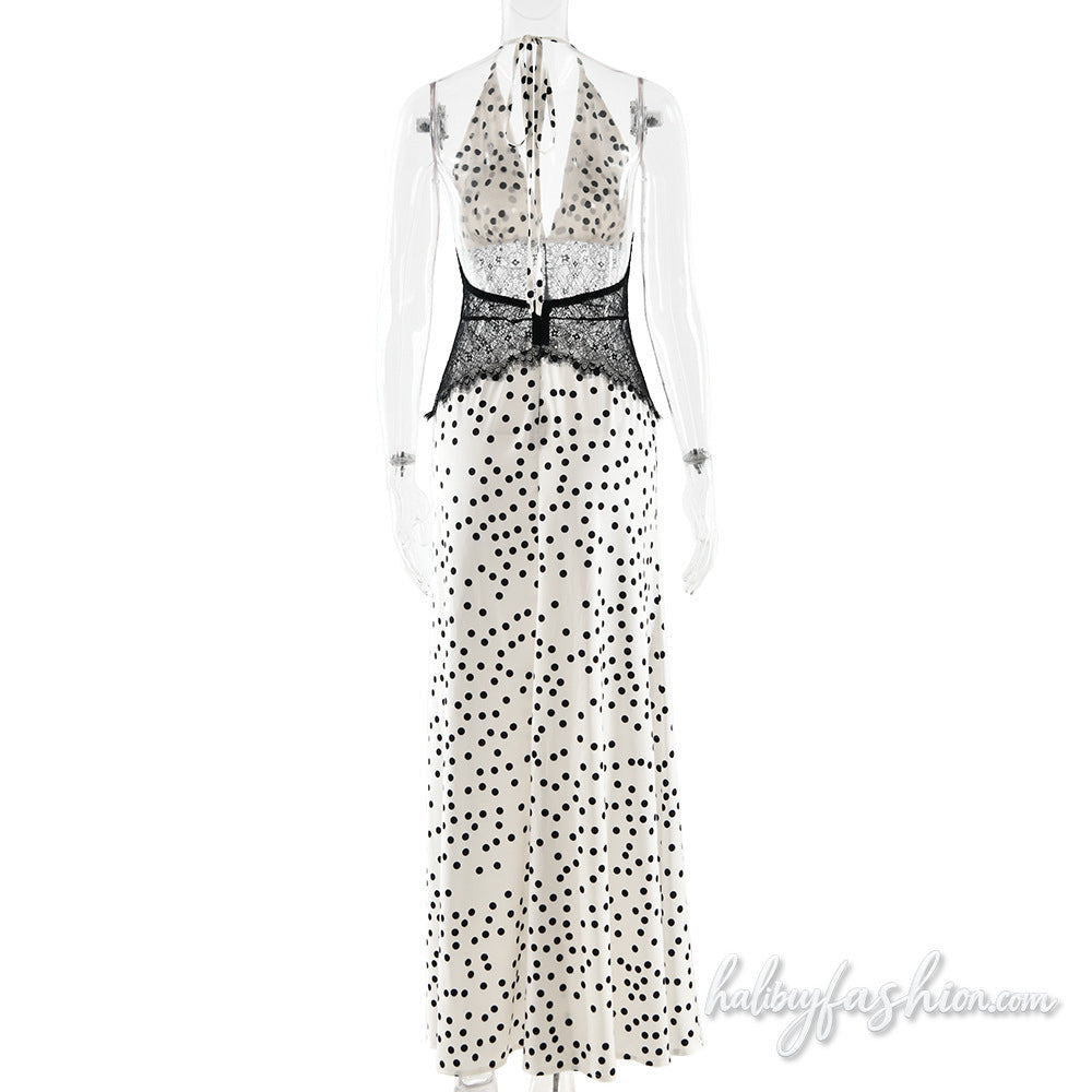 Polka dot halter self tie v neck lace maxi dress