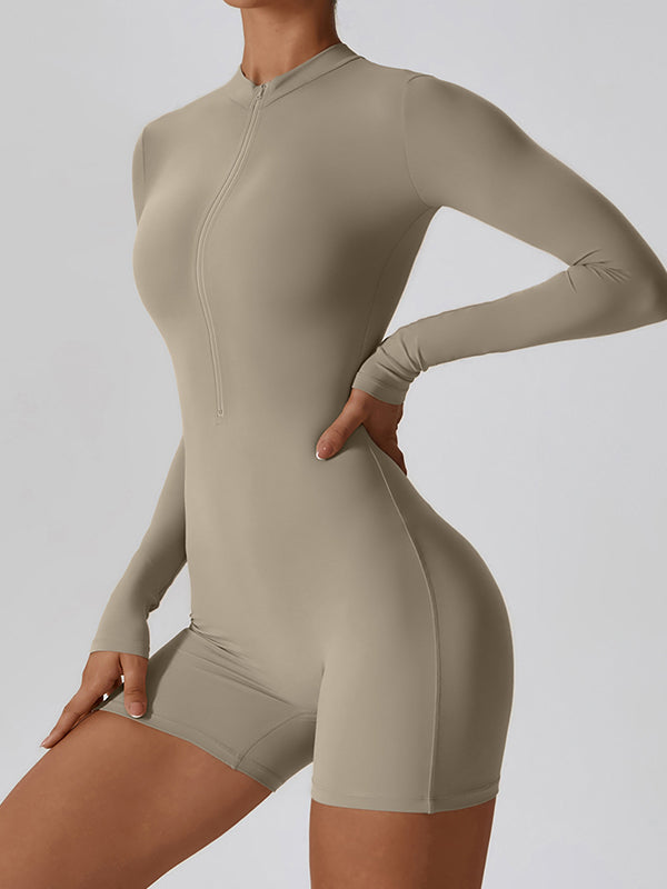 Sporty Solid Zip Up Long Sleeve Romper