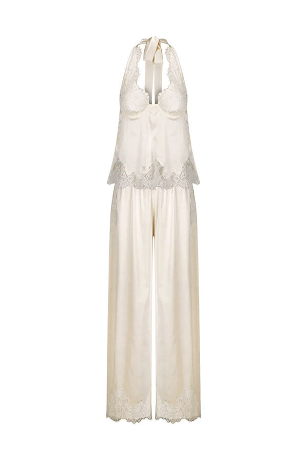 Elegant Morning Satin Lace Trim Halter Tie-up Tank and Elastic Waist Loose Pants Set