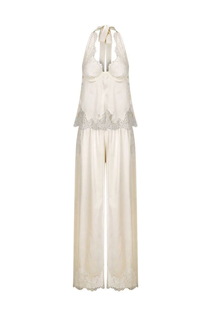 Elegant Morning Satin Lace Trim Halter Tie-up Tank and Elastic Waist Loose Pants Set